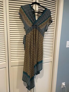 BCBGMaxAzria Yellow and Teal Asymmetrical Wrap Dress Geometric 60’s